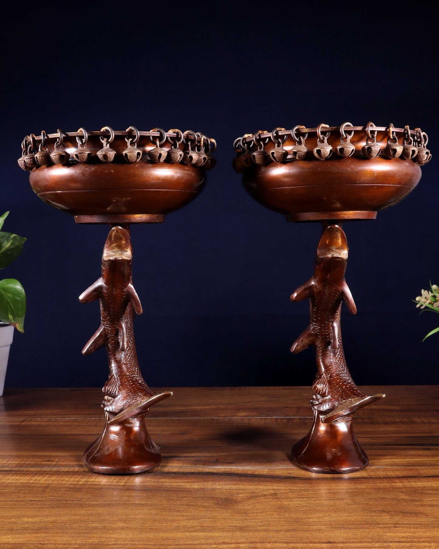 Pair of Designer Brass Jumping Dolphin Urli Bowls with Ghungroos | Festive Décor & Auspicious Gifting - Budhshiv.com