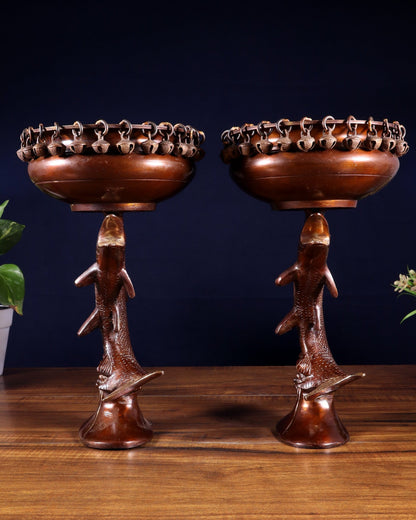 Pair of Designer Brass Jumping Dolphin Urli Bowls with Ghungroos | Festive Décor & Auspicious Gifting - Budhshiv.com