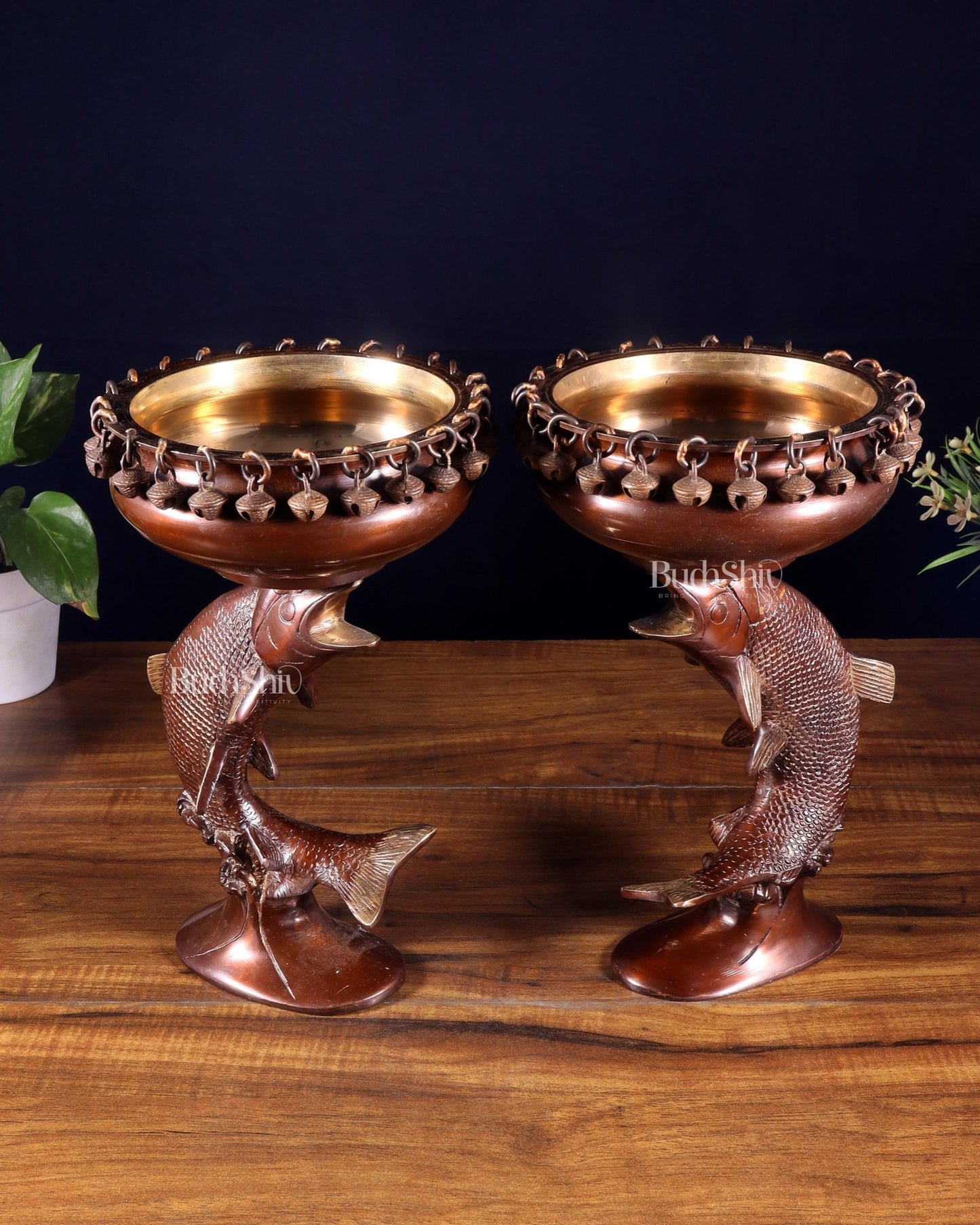 Pair of Designer Brass Jumping Dolphin Urli Bowls with Ghungroos | Festive Décor & Auspicious Gifting - Budhshiv.com