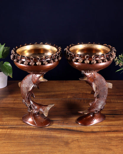 Pair of Designer Brass Jumping Dolphin Urli Bowls with Ghungroos | Festive Décor & Auspicious Gifting - Budhshiv.com