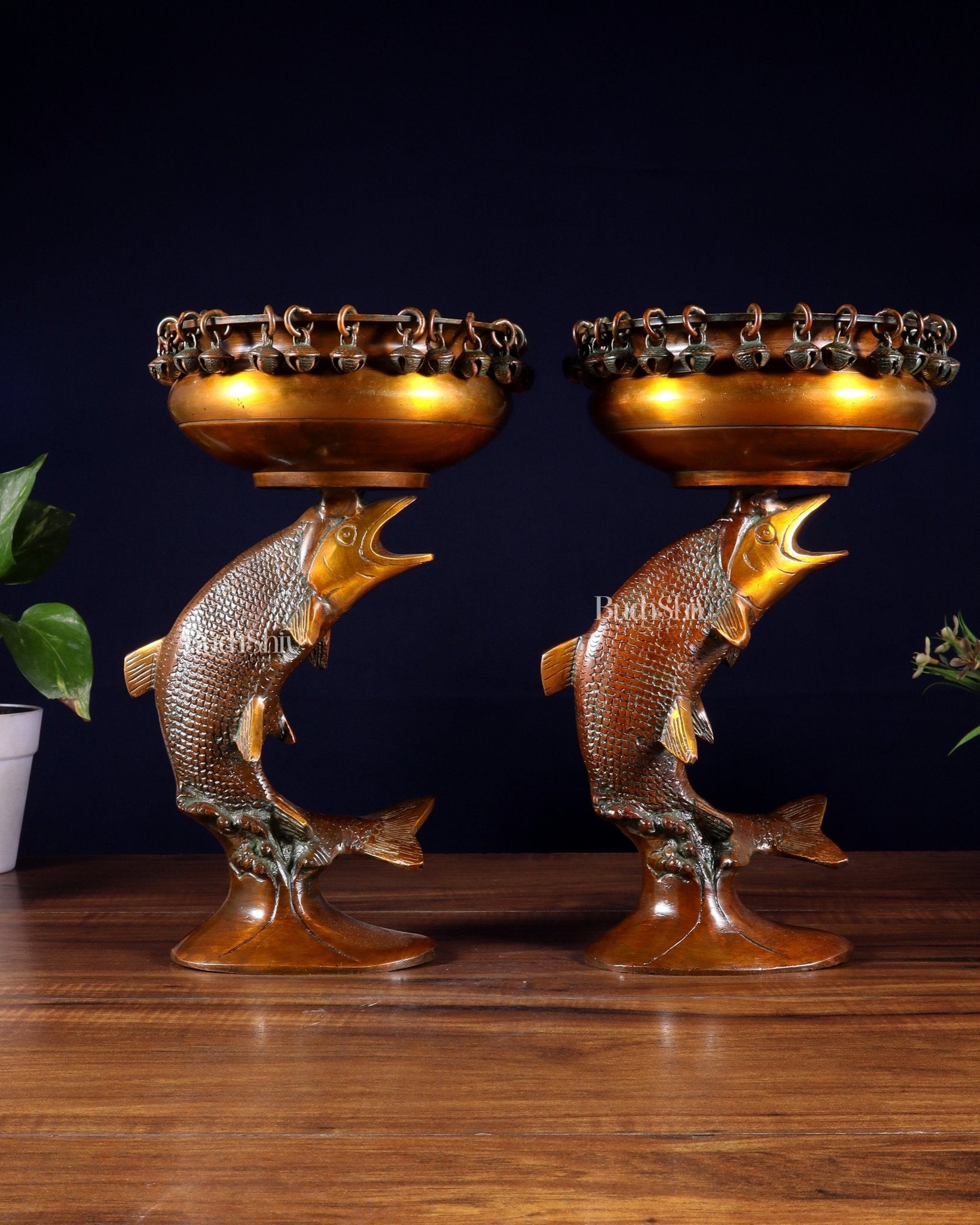 Pair of Designer Brass Jumping Dolphin Urli Bowls with Ghungroos | Festive Décor & Auspicious Gifting - Budhshiv.com