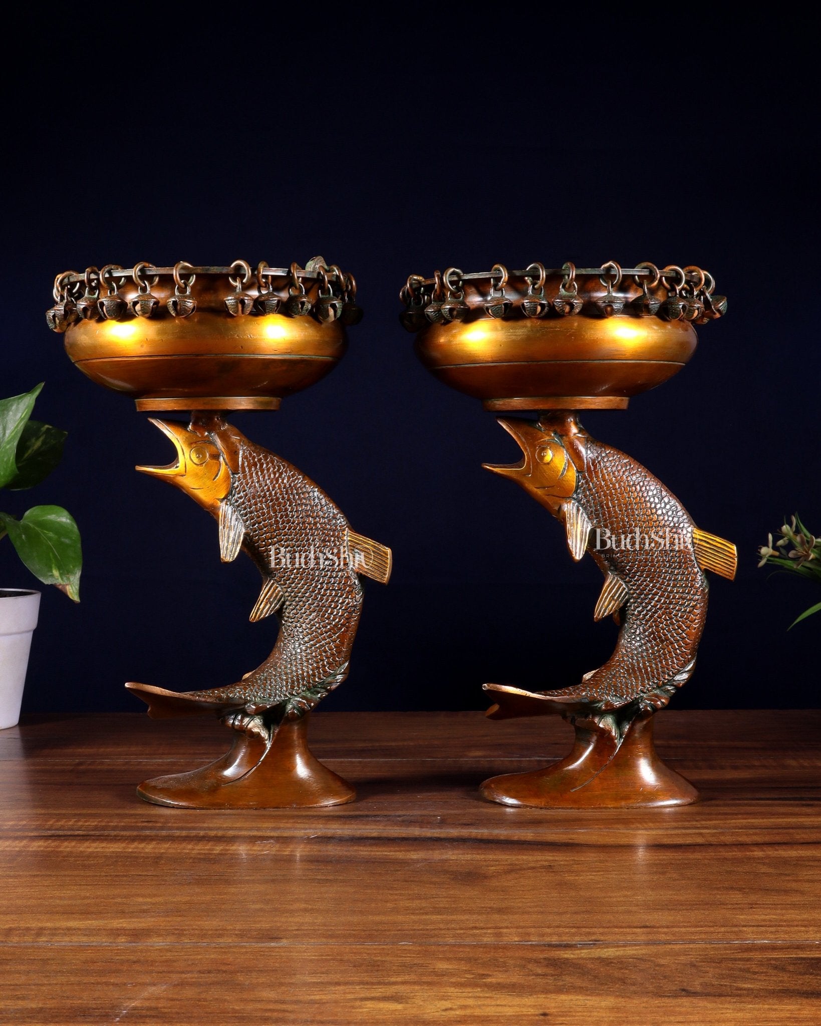 Pair of Designer Brass Jumping Dolphin Urli Bowls with Ghungroos | Festive Décor & Auspicious Gifting - Budhshiv.com