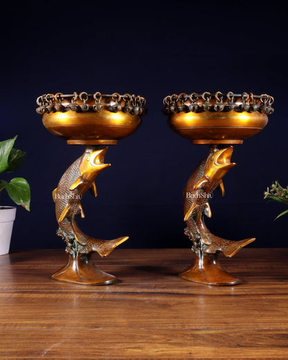 Pair of Designer Brass Jumping Dolphin Urli Bowls with Ghungroos | Festive Décor & Auspicious Gifting - Budhshiv.com