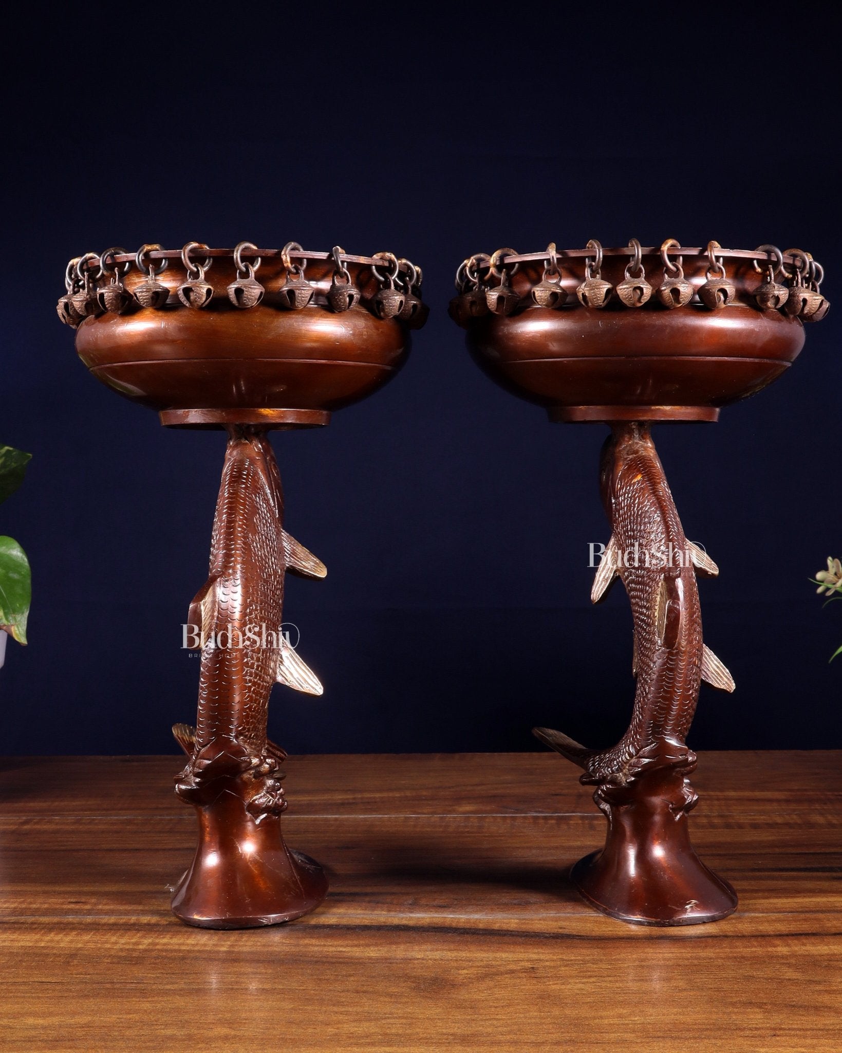 Pair of Designer Brass Jumping Dolphin Urli Bowls with Ghungroos | Festive Décor & Auspicious Gifting - Budhshiv.com