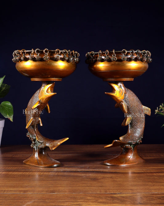 Pair of Designer Brass Jumping Dolphin Urli Bowls with Ghungroos | Festive Décor & Auspicious Gifting - Budhshiv.com