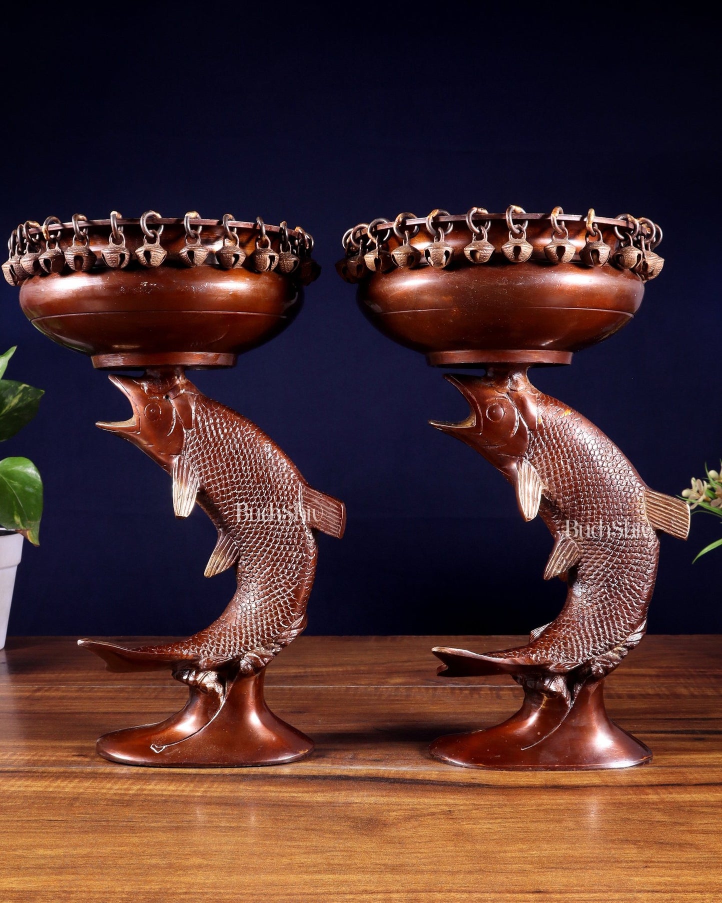 Pair of Designer Brass Jumping Dolphin Urli Bowls with Ghungroos | Festive Décor & Auspicious Gifting - Budhshiv.com