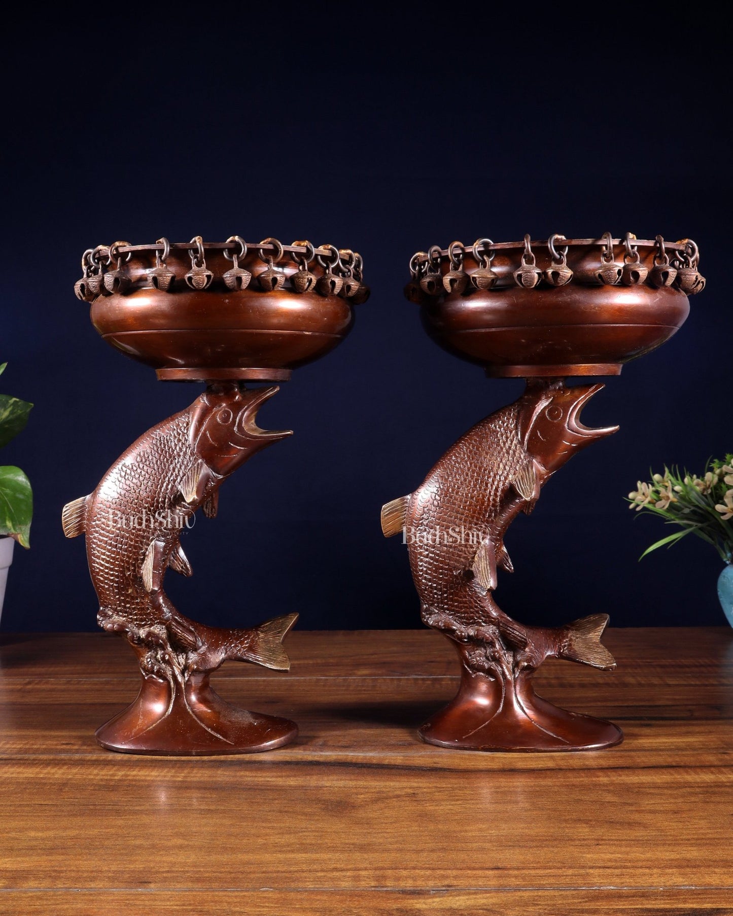 Pair of Designer Brass Jumping Dolphin Urli Bowls with Ghungroos | Festive Décor & Auspicious Gifting - Budhshiv.com