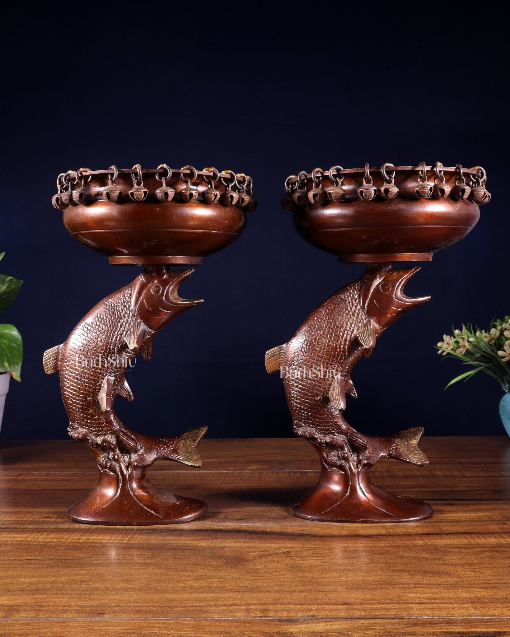 Pair of Designer Brass Jumping Dolphin Urli Bowls with Ghungroos | Festive Décor & Auspicious Gifting - Budhshiv.com