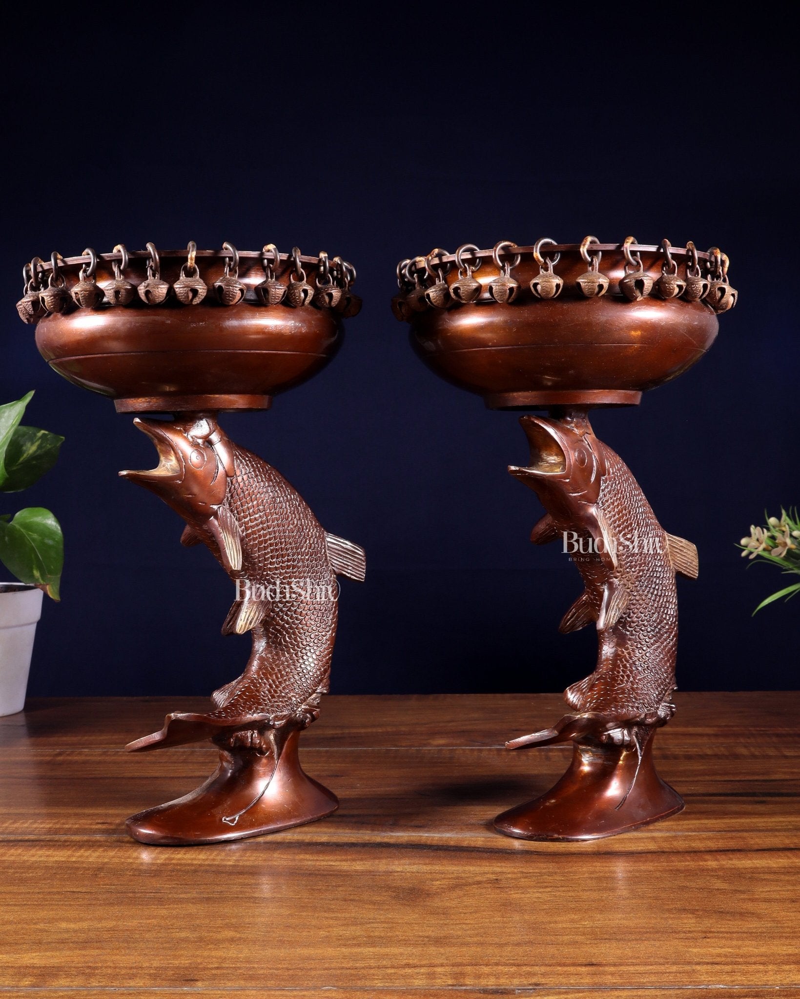 Pair of Designer Brass Jumping Dolphin Urli Bowls with Ghungroos | Festive Décor & Auspicious Gifting - Budhshiv.com