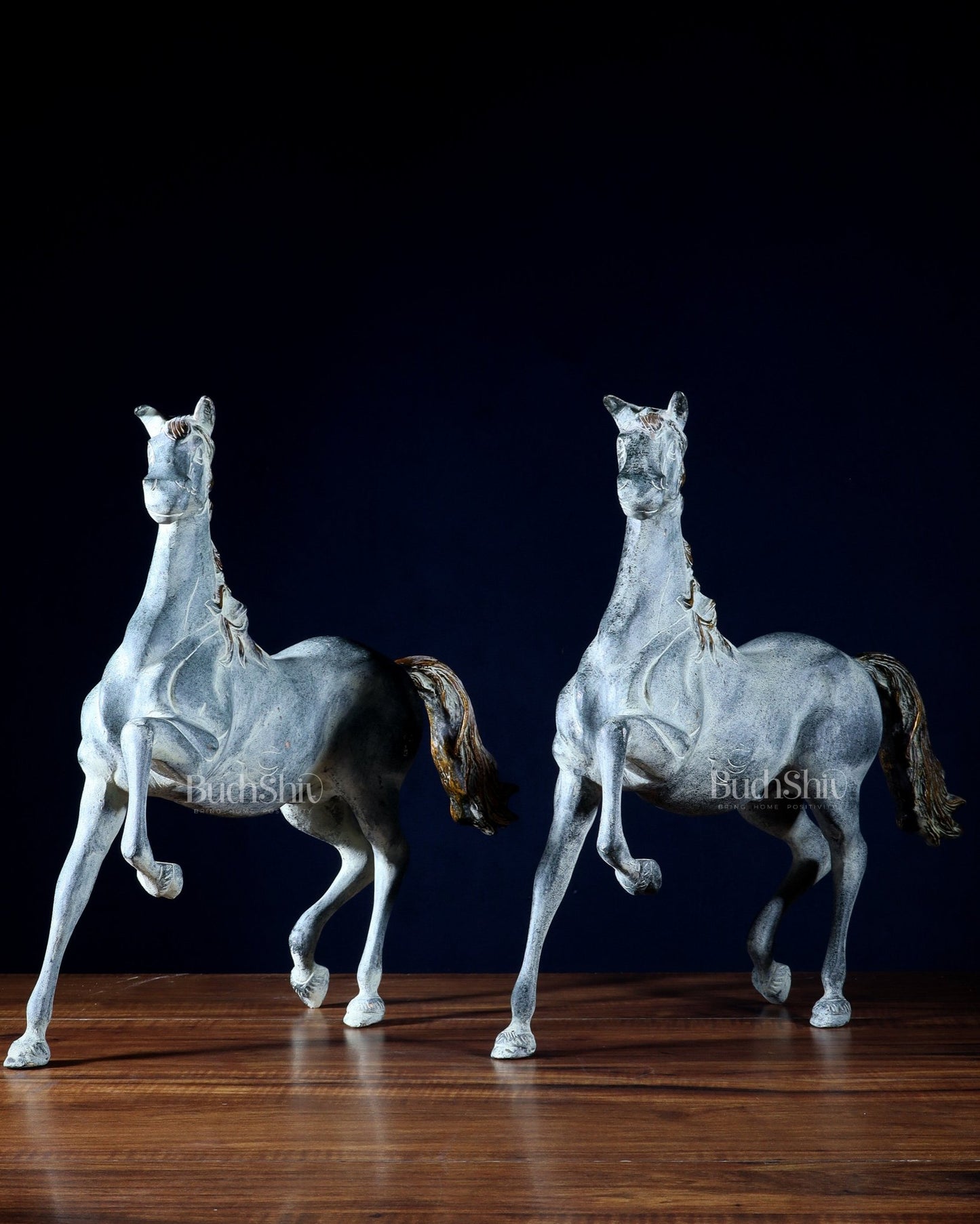 Pair of Pure Brass Galloping Horse Statues – Sand Finish | Feng Shui Symbol of Victory and Progress | 15.35" H - Budhshiv.com