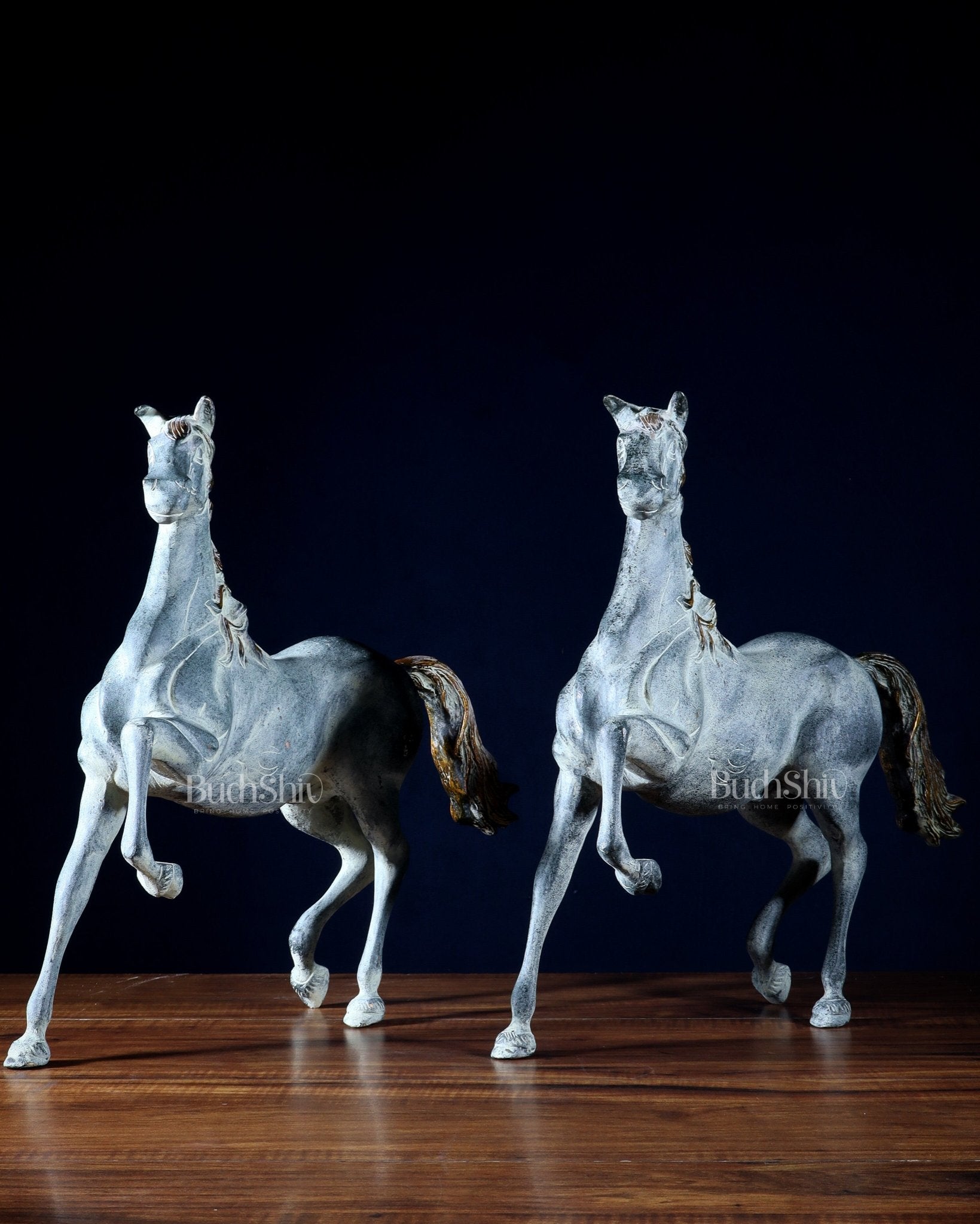 Pair of Pure Brass Galloping Horse Statues – Sand Finish | Feng Shui Symbol of Victory and Progress | 15.35" H - Budhshiv.com
