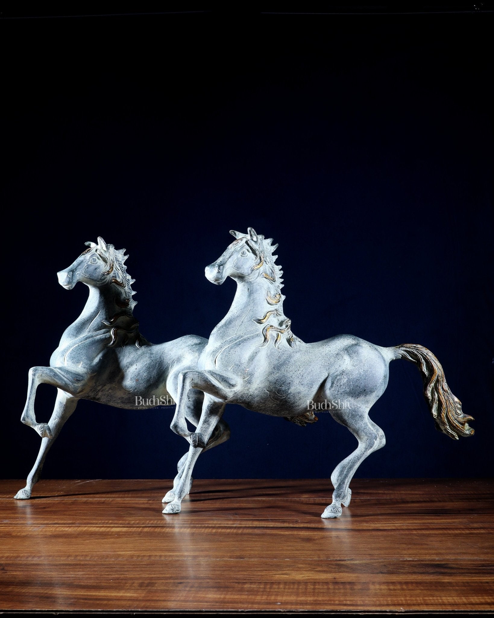 Pair of Pure Brass Galloping Horse Statues – Sand Finish | Feng Shui Symbol of Victory and Progress | 15.35" H - Budhshiv.com