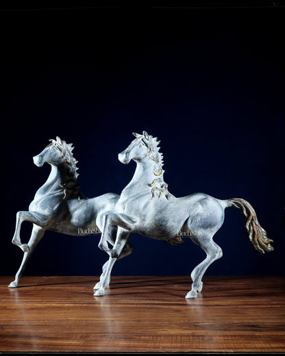 Pair of Pure Brass Galloping Horse Statues – Sand Finish | Feng Shui Symbol of Victory and Progress | 15.35" H - Budhshiv.com