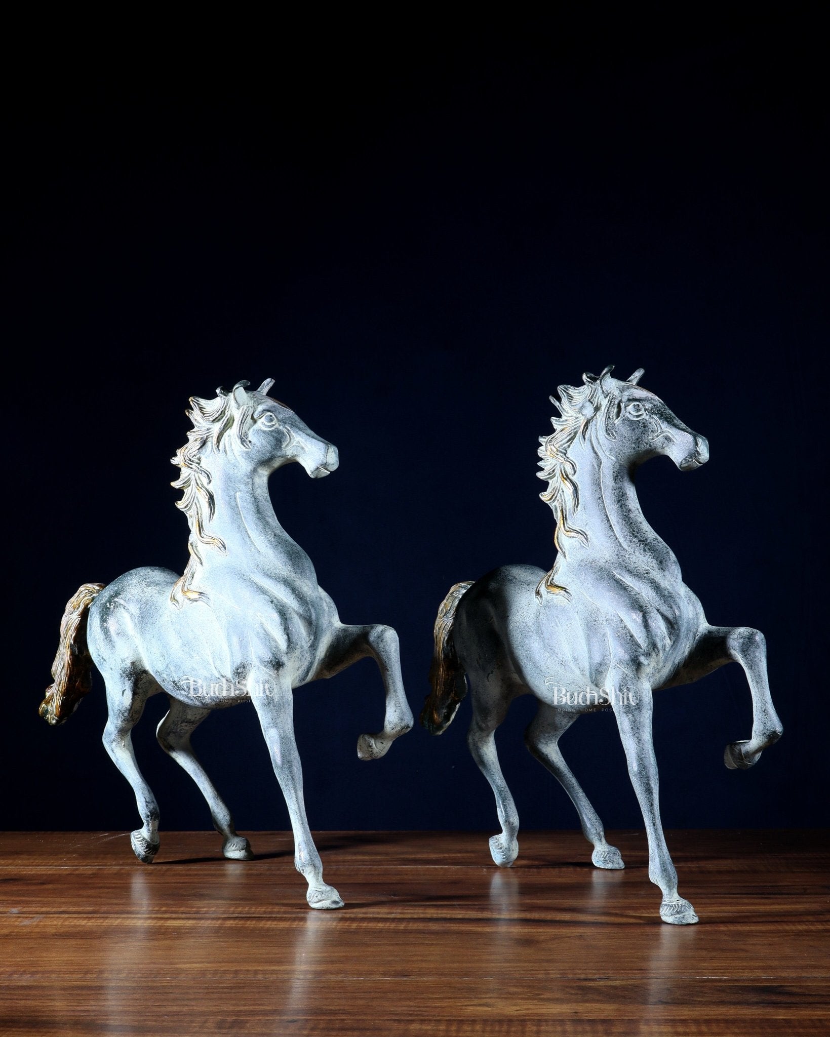 Pair of Pure Brass Galloping Horse Statues – Sand Finish | Feng Shui Symbol of Victory and Progress | 15.35" H - Budhshiv.com