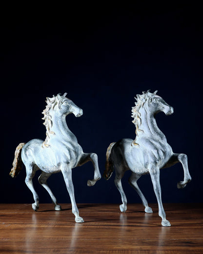 Pair of Pure Brass Galloping Horse Statues – Sand Finish | Feng Shui Symbol of Victory and Progress | 15.35" H - Budhshiv.com