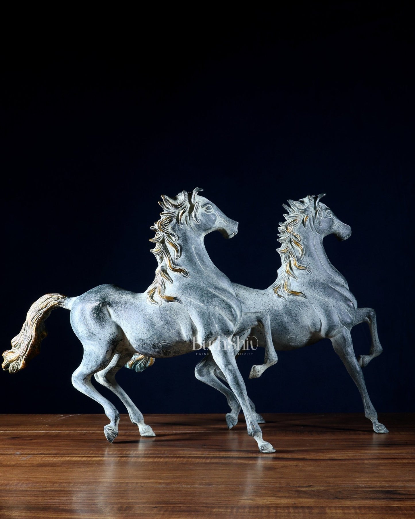 Pair of Pure Brass Galloping Horse Statues – Sand Finish | Feng Shui Symbol of Victory and Progress | 15.35" H - Budhshiv.com