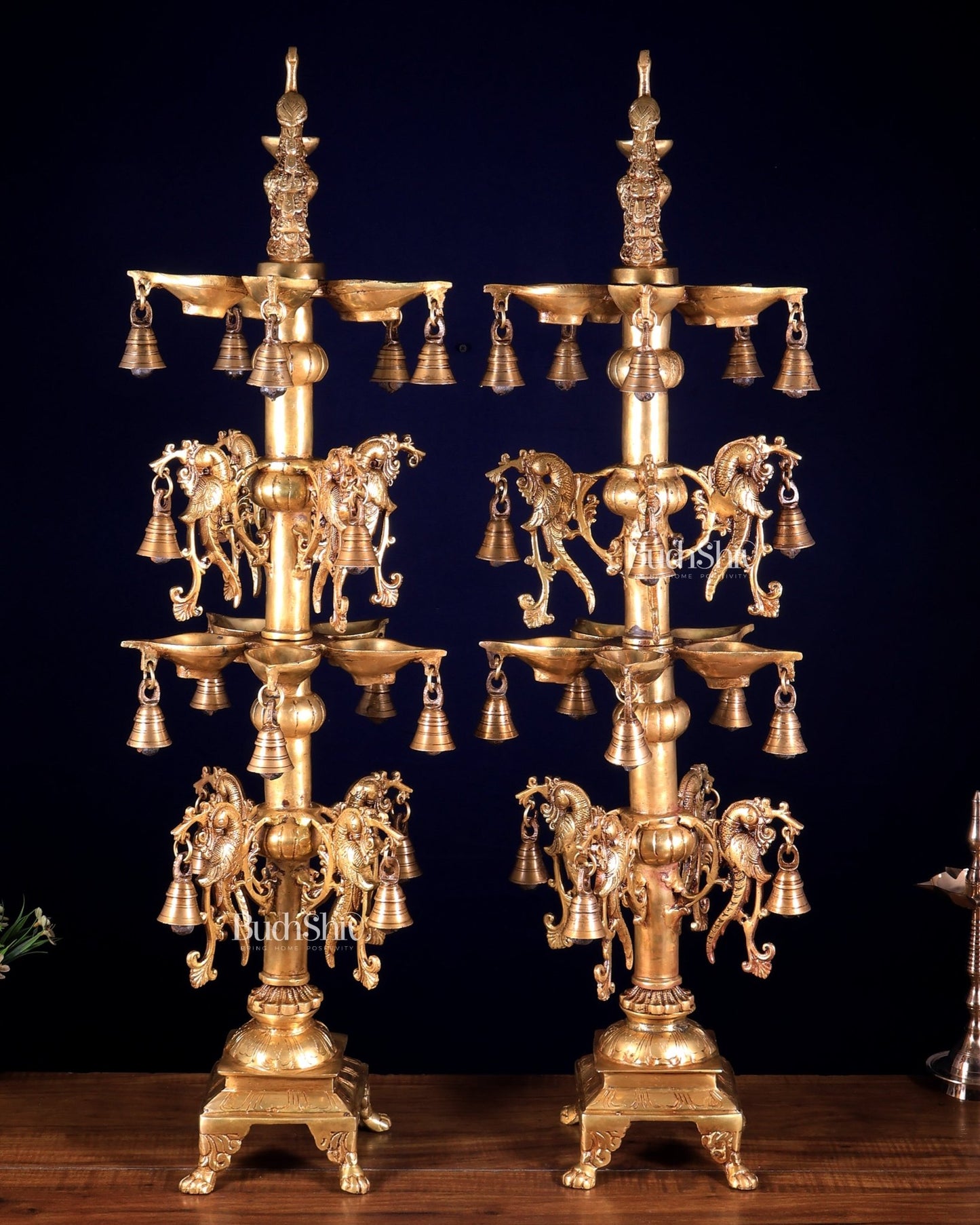 Pair of Tall Brass Peacock Lamps – Traditional Temple Samai 31 inch - Budhshiv.com