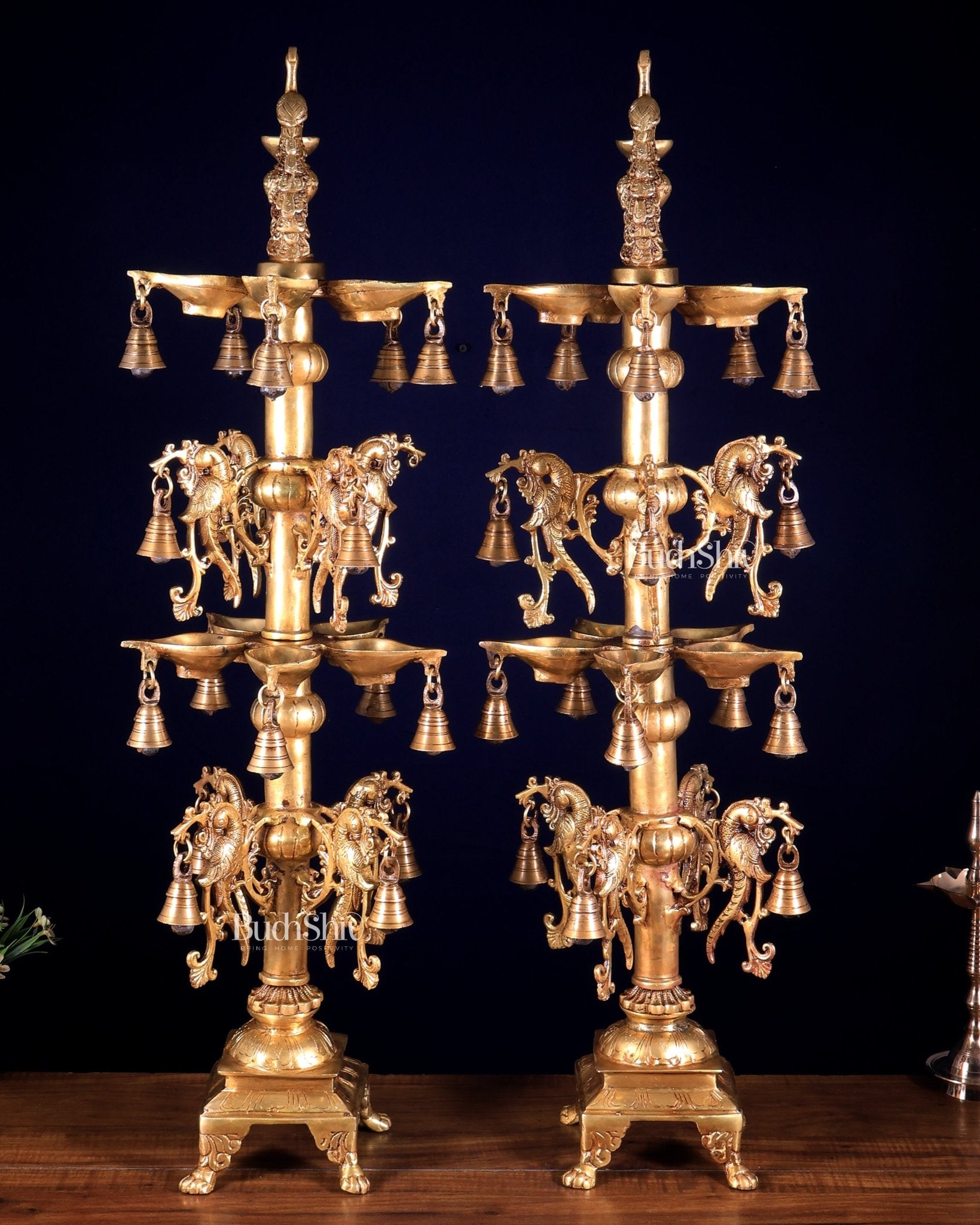 Pair of Tall Brass Peacock Lamps – Traditional Temple Samai 31 inch - Budhshiv.com
