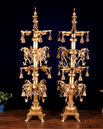 Pair of Tall Brass Peacock Lamps – Traditional Temple Samai 31 inch - Budhshiv.com
