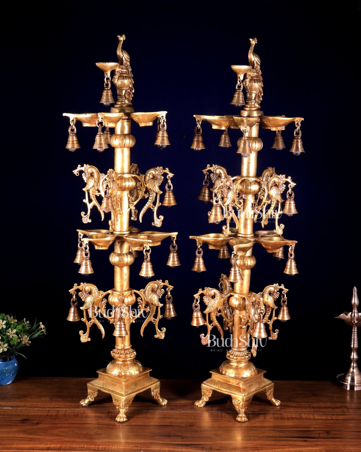Pair of Tall Brass Peacock Lamps – Traditional Temple Samai 31 inch - Budhshiv.com