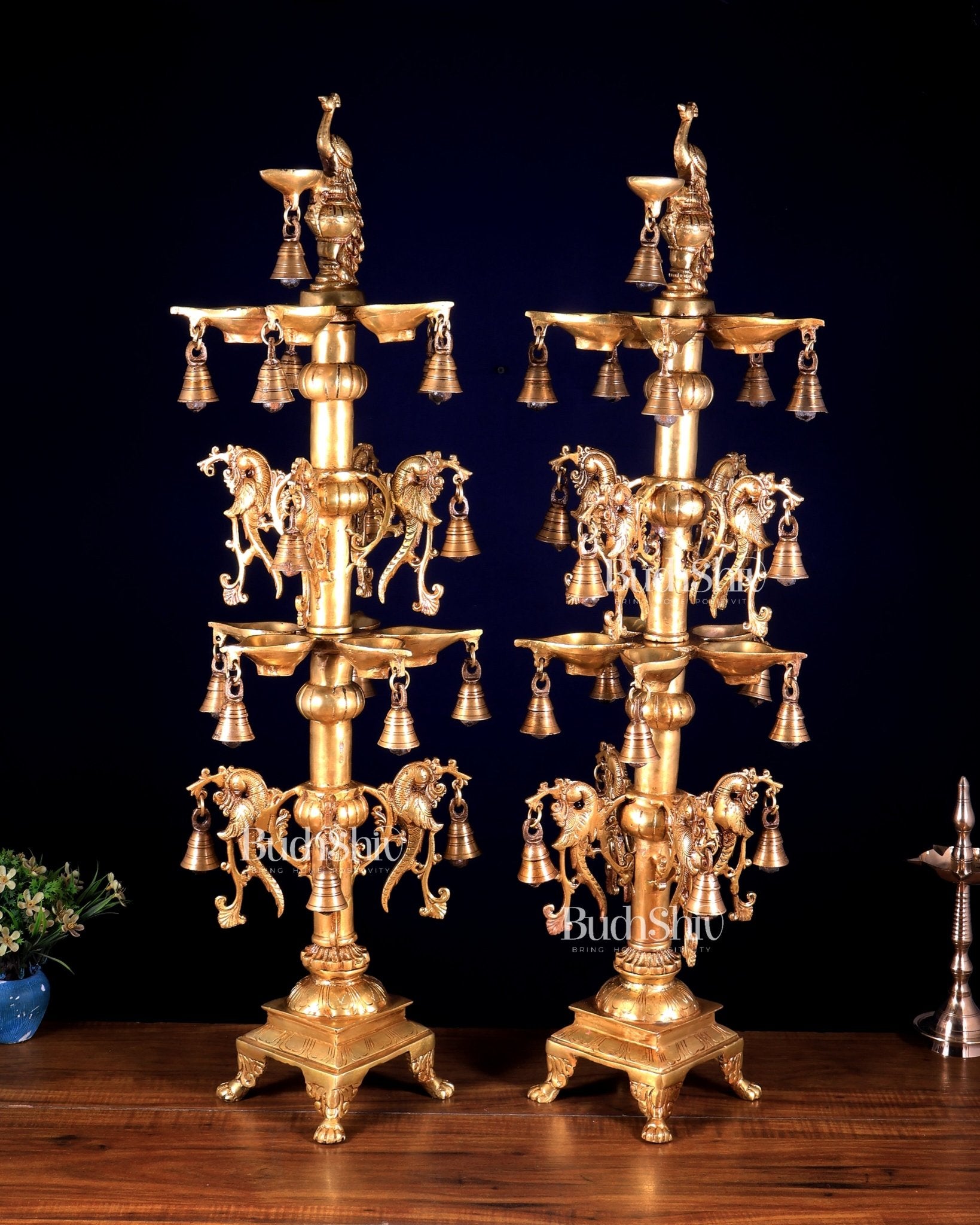 Pair of Tall Brass Peacock Lamps – Traditional Temple Samai 31 inch - Budhshiv.com