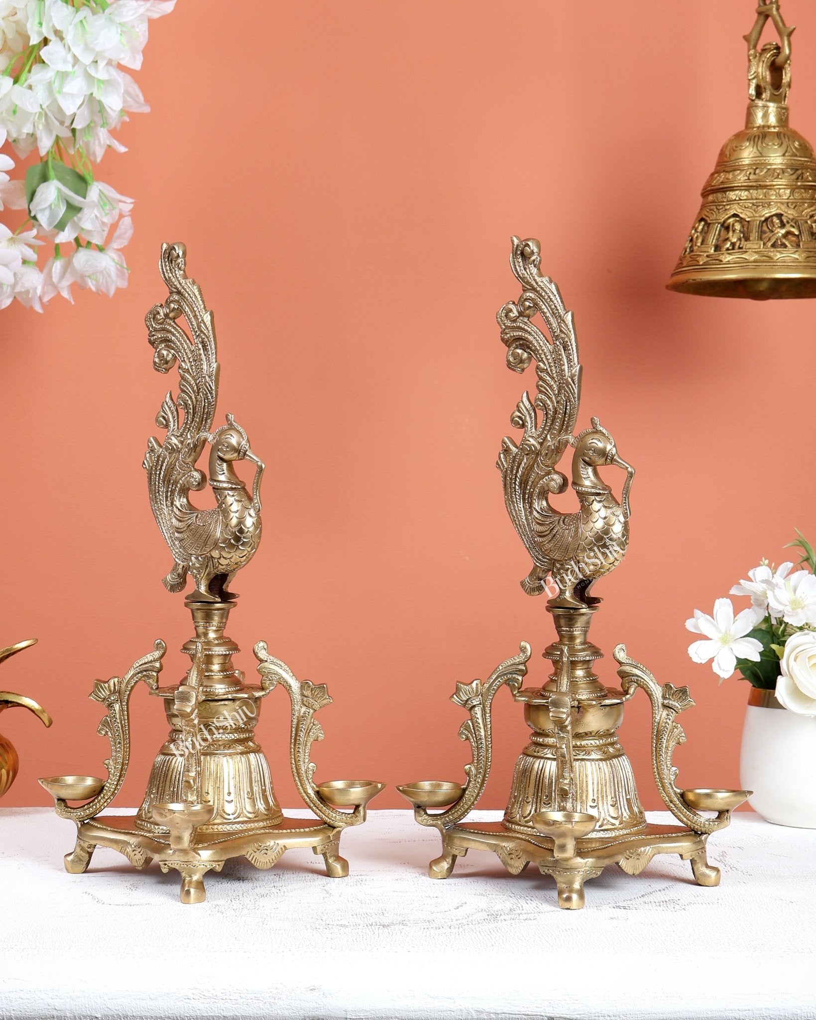 Pair of Unique Bronze Annam Pakshi Design Diya Lamp Samai – Traditional South Indian Oil Lamps (13.5 Inches) - Budhshiv.com