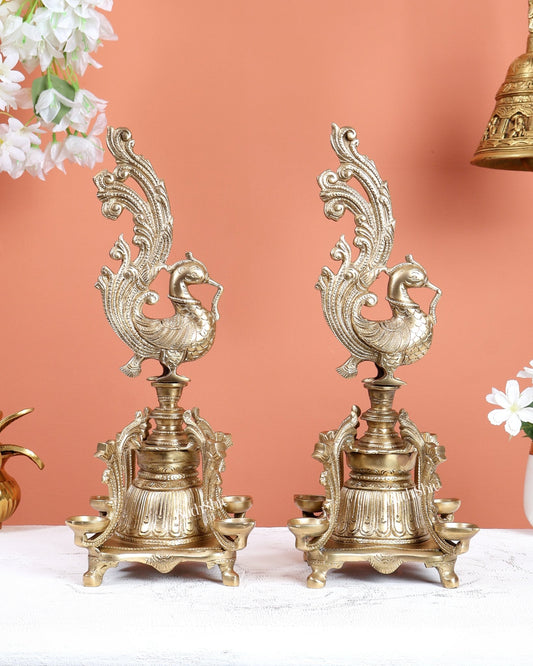 Pair of Unique Bronze Annam Pakshi Design Diya Lamp Samai – Traditional South Indian Oil Lamps (13.5 Inches) - Budhshiv.com