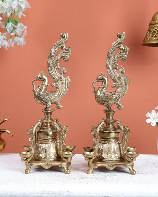 Pair of Unique Bronze Annam Pakshi Design Diya Lamp Samai – Traditional South Indian Oil Lamps (13.5 Inches) - Budhshiv.com