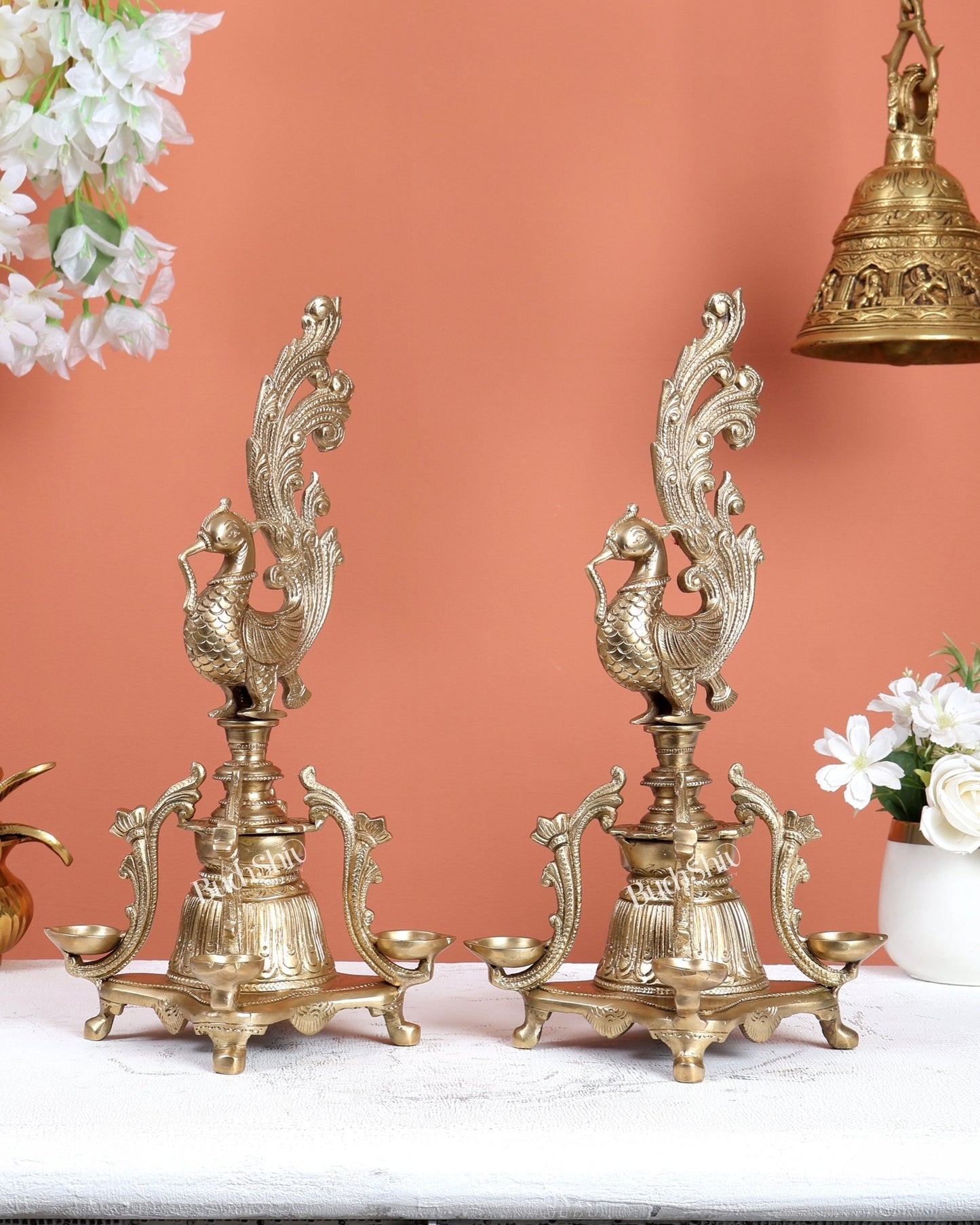 Pair of Unique Bronze Annam Pakshi Design Diya Lamp Samai – Traditional South Indian Oil Lamps (13.5 Inches) - Budhshiv.com