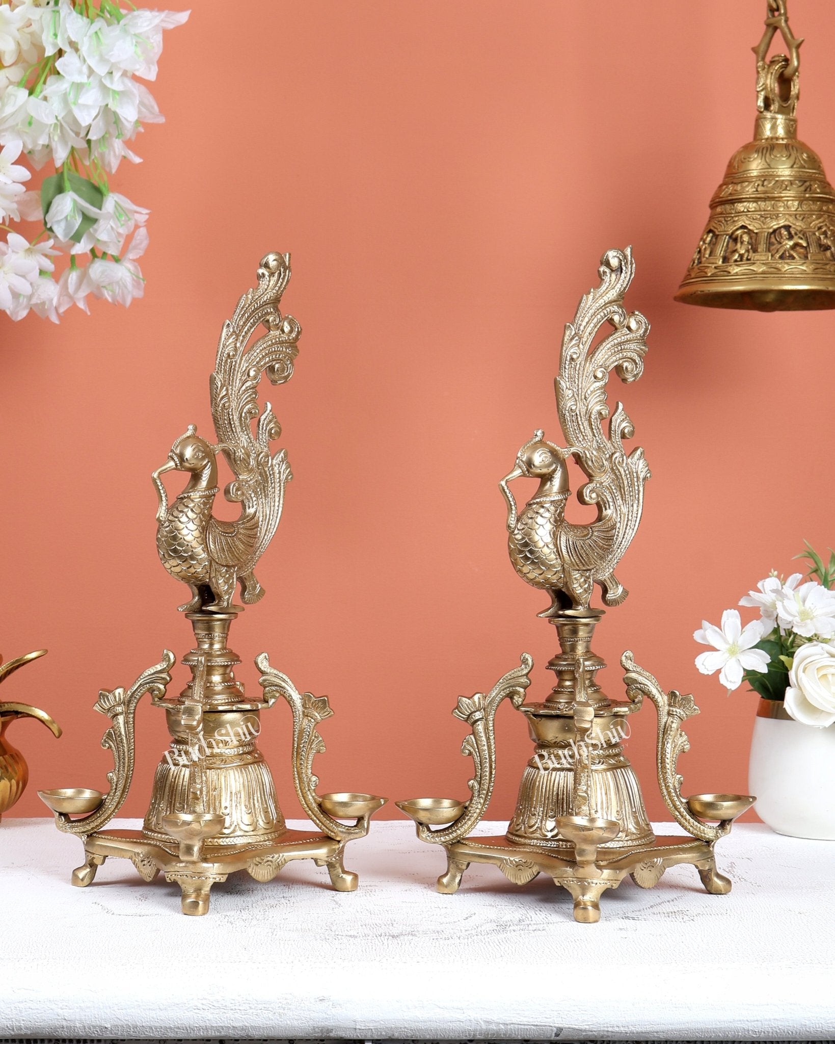 Pair of Unique Bronze Annam Pakshi Design Diya Lamp Samai – Traditional South Indian Oil Lamps (13.5 Inches) - Budhshiv.com