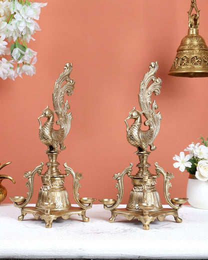 Pair of Unique Bronze Annam Pakshi Design Diya Lamp Samai – Traditional South Indian Oil Lamps (13.5 Inches) - Budhshiv.com