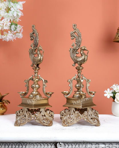 Pair of Unique Bronze Annam Pakshi Design Diya Lamp Samai – Traditional South Indian Oil Lamps (17.5 Inches) - Budhshiv.com