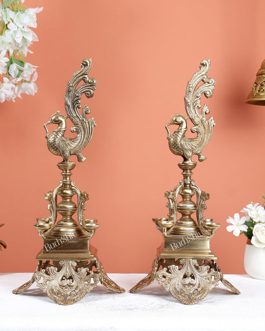 Pair of Unique Bronze Annam Pakshi Design Diya Lamp Samai – Traditional South Indian Oil Lamps (17.5 Inches) - Budhshiv.com