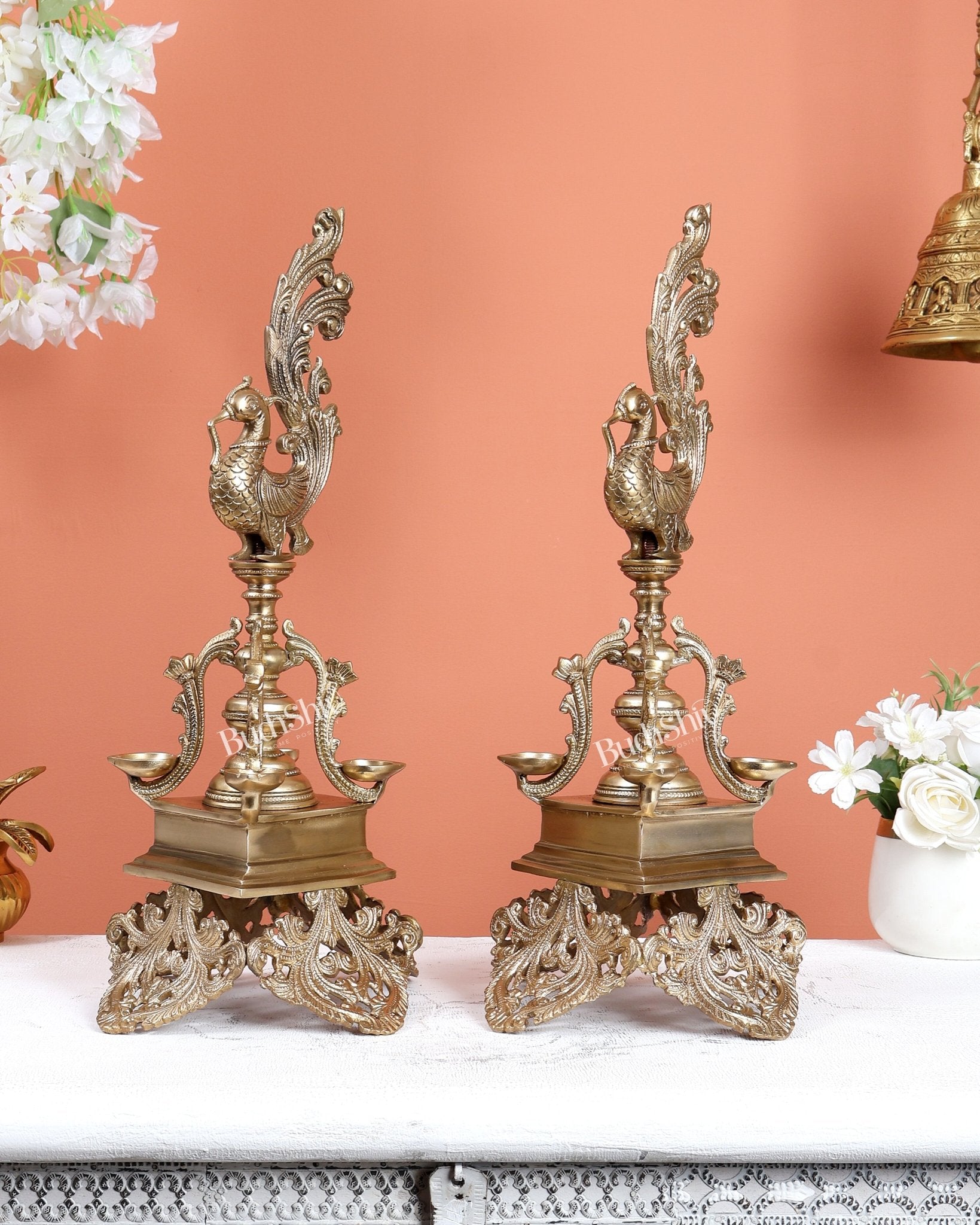 Pair of Unique Bronze Annam Pakshi Design Diya Lamp Samai – Traditional South Indian Oil Lamps (17.5 Inches) - Budhshiv.com