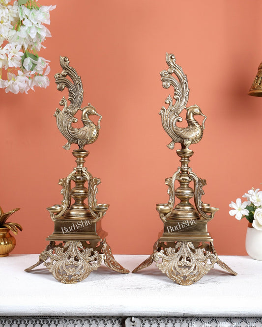 Pair of Unique Bronze Annam Pakshi Design Diya Lamp Samai – Traditional South Indian Oil Lamps (17.5 Inches) - Budhshiv.com