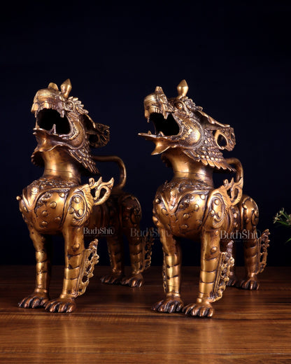 Pair of Vintage Brass Tibetan Snow Lion Statues 14.5 inch - Budhshiv.com