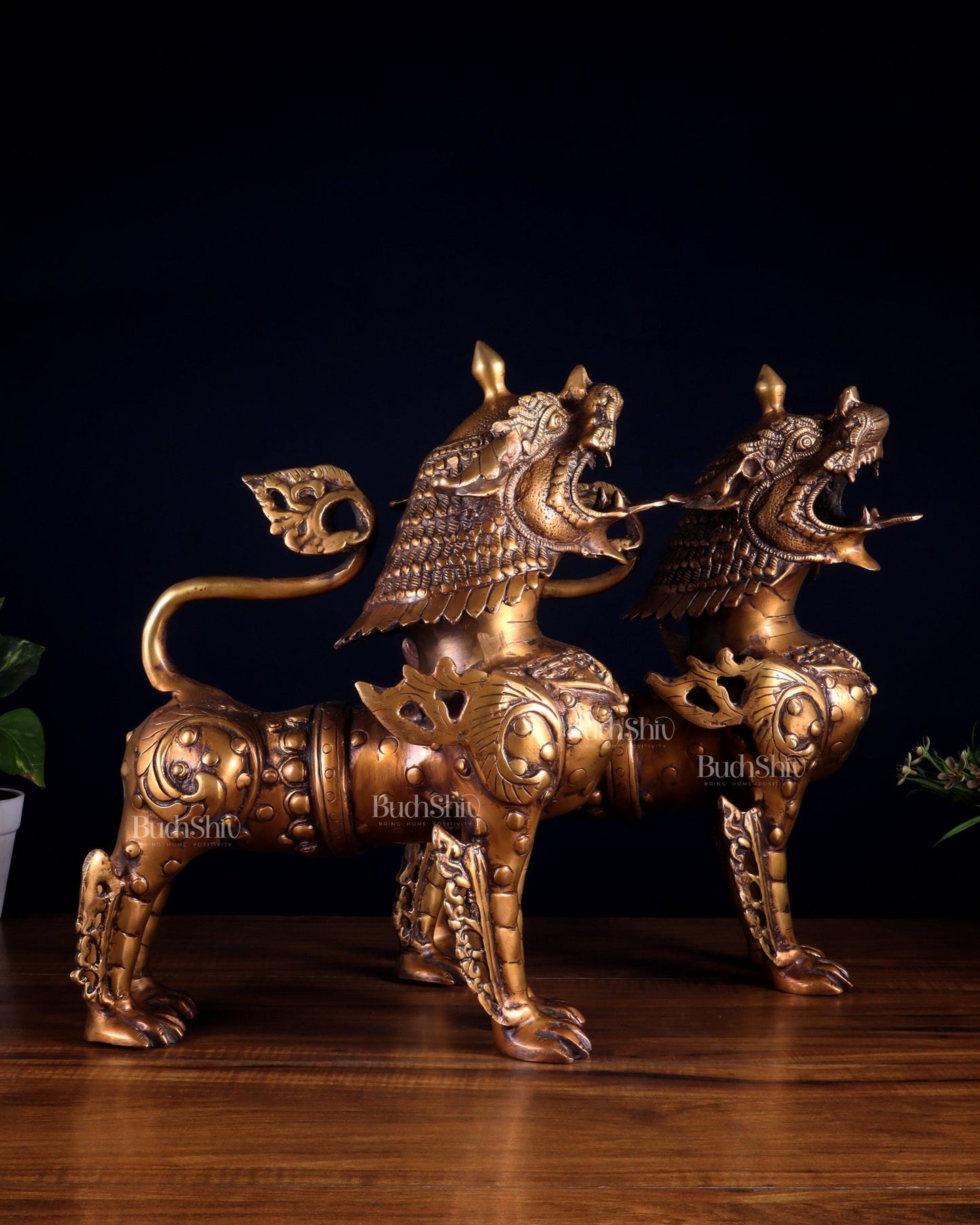 Pair of Vintage Brass Tibetan Snow Lion Statues 14.5 inch - Budhshiv.com