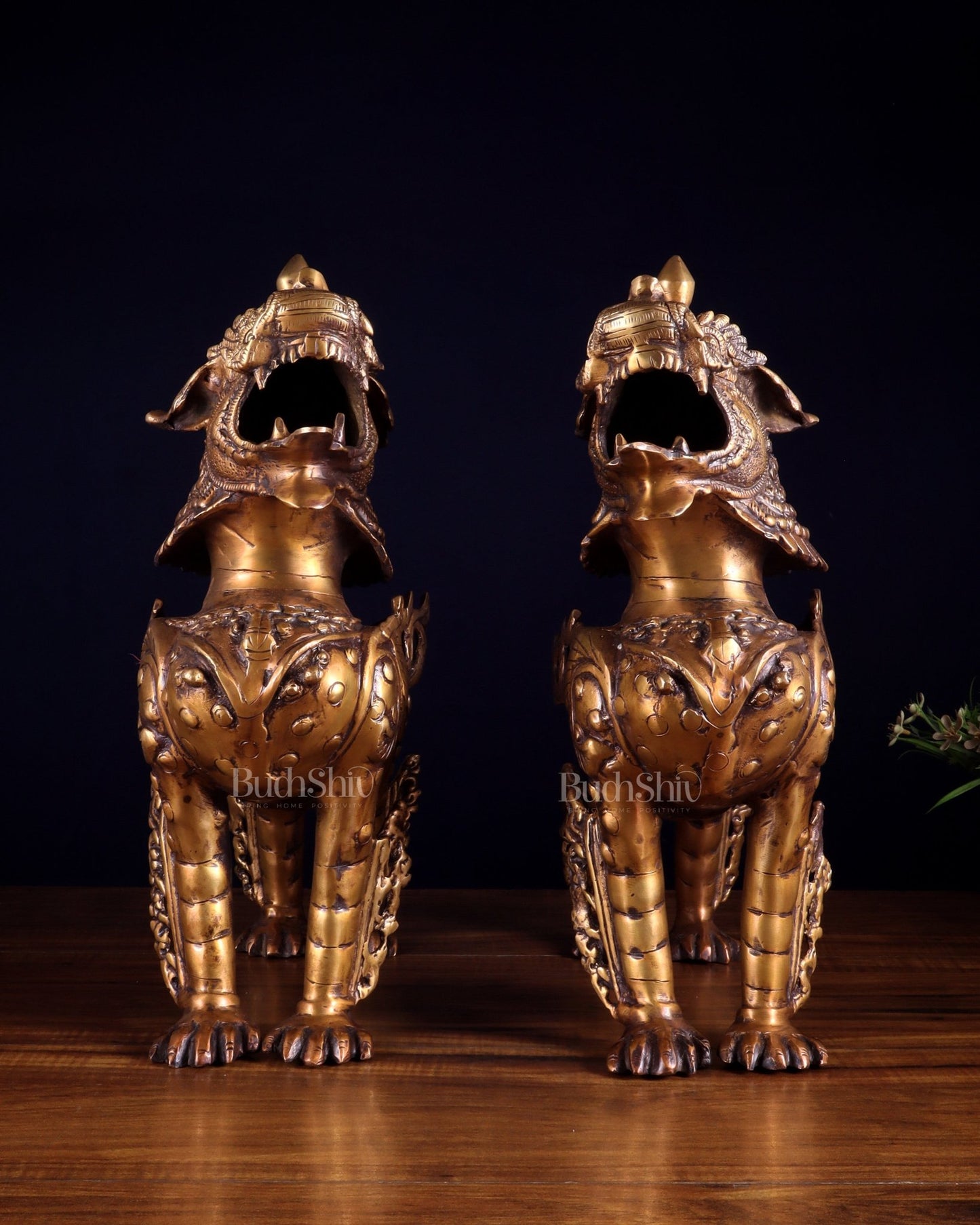 Pair of Vintage Brass Tibetan Snow Lion Statues 14.5 inch - Budhshiv.com