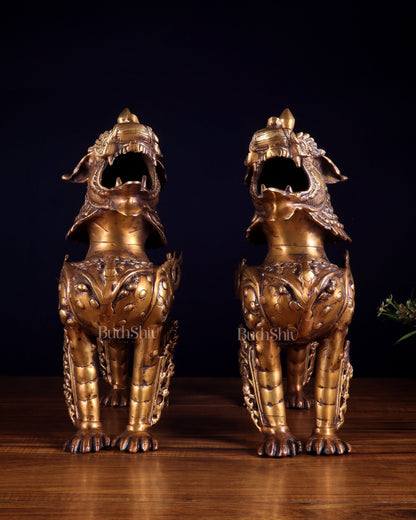 Pair of Vintage Brass Tibetan Snow Lion Statues 14.5 inch - Budhshiv.com