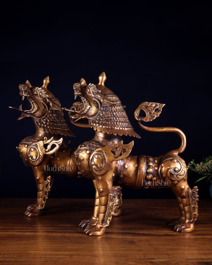 Pair of Vintage Brass Tibetan Snow Lion Statues 14.5 inch - Budhshiv.com