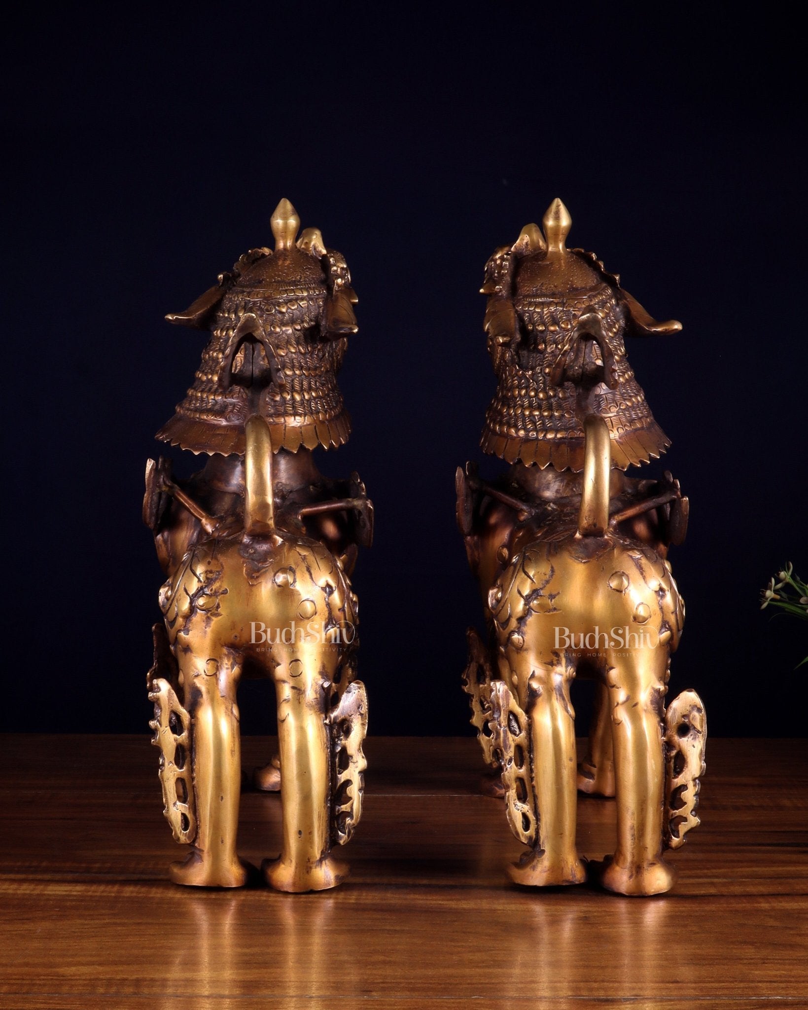 Pair of Vintage Brass Tibetan Snow Lion Statues 14.5 inch - Budhshiv.com