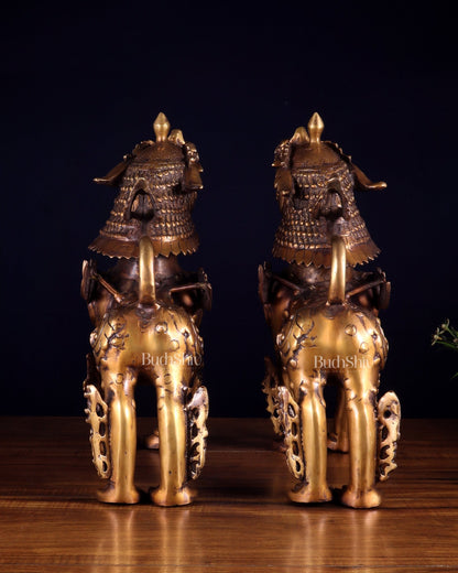 Pair of Vintage Brass Tibetan Snow Lion Statues 14.5 inch - Budhshiv.com
