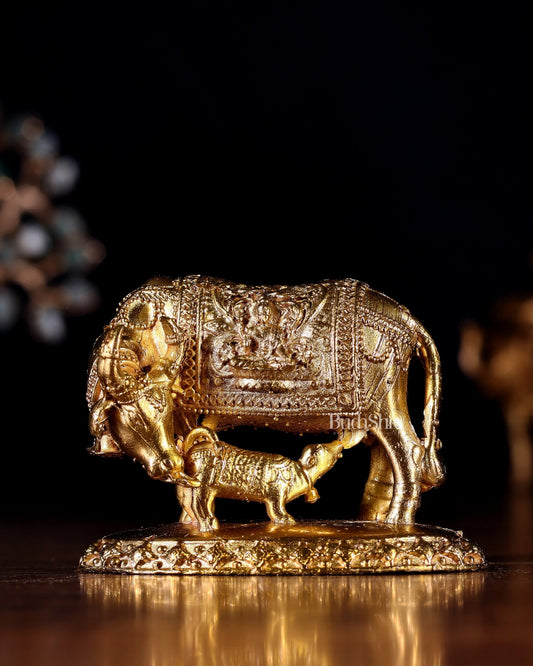 Panchaloha Bronze Kamadhenu Cow with Calf Idol | Mini 3 inch - Budhshiv.com