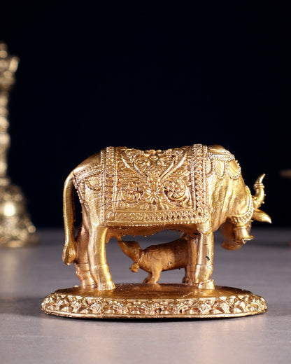 Panchaloha Pure Bronze Cow with Calf Idol – Gomatha Kamdhenu | 2.5" - Budhshiv.com