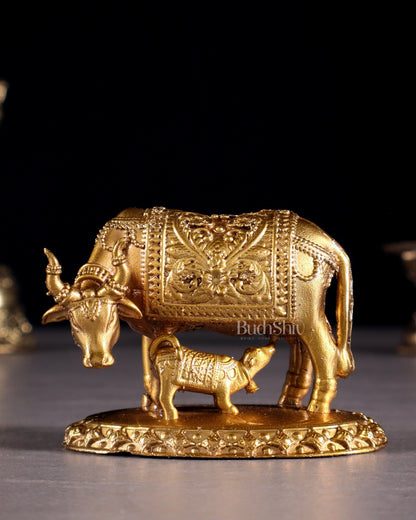 Panchaloha Pure Bronze Cow with Calf Idol – Gomatha Kamdhenu | 2.5" - Budhshiv.com