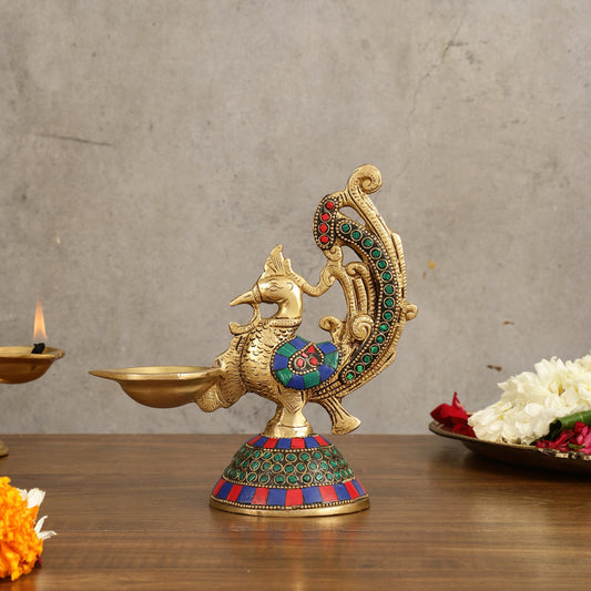 Peacock Brass Oil Lamp | 8 inches Meenakari 8" - Budhshiv.com