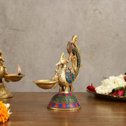 Peacock Brass Oil Lamp | 8 inches Meenakari 8" - Budhshiv.com
