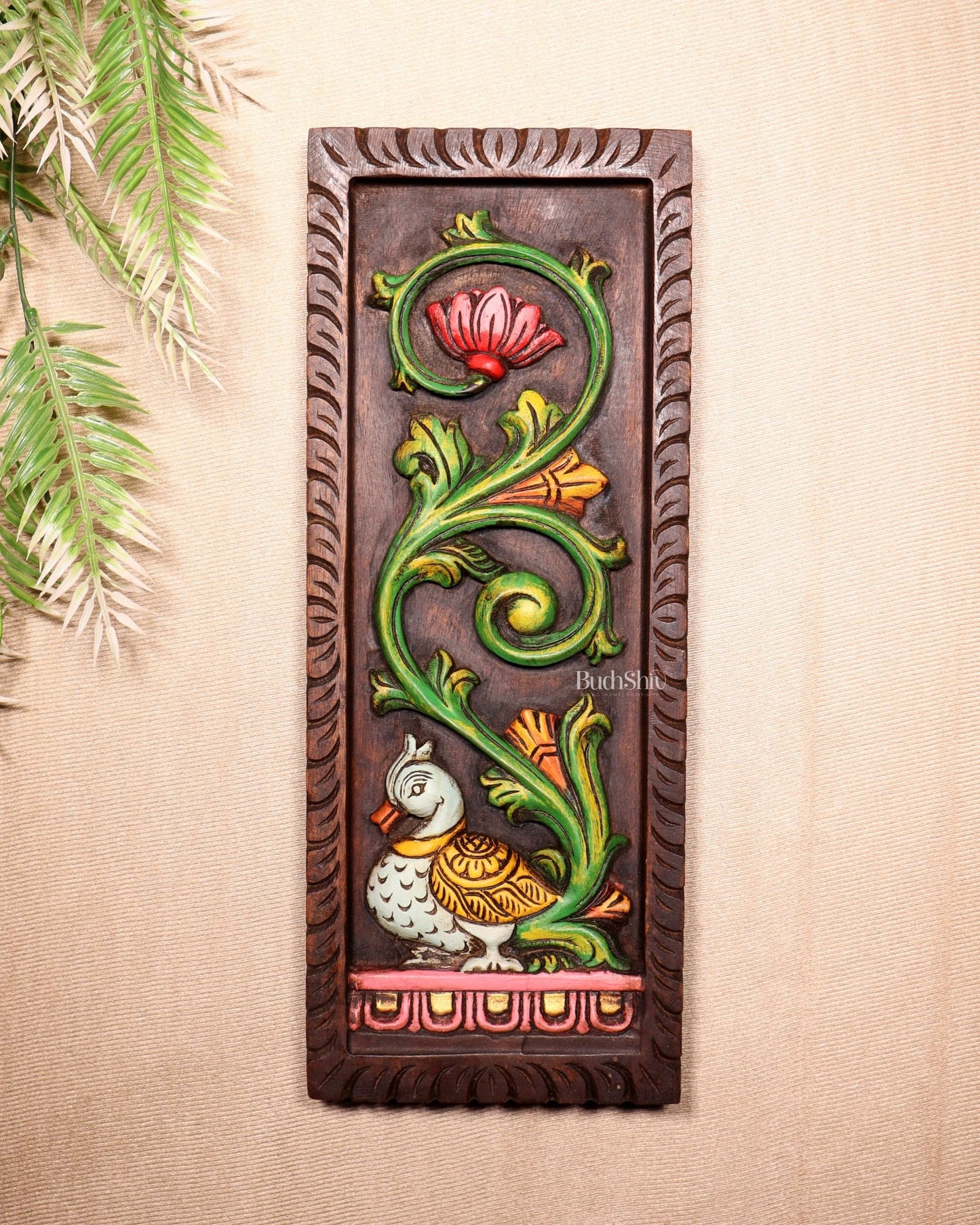 Peacock Handcrafted & Hand - Painted Wooden Wall Hanging Panel 15" - Budhshiv.com