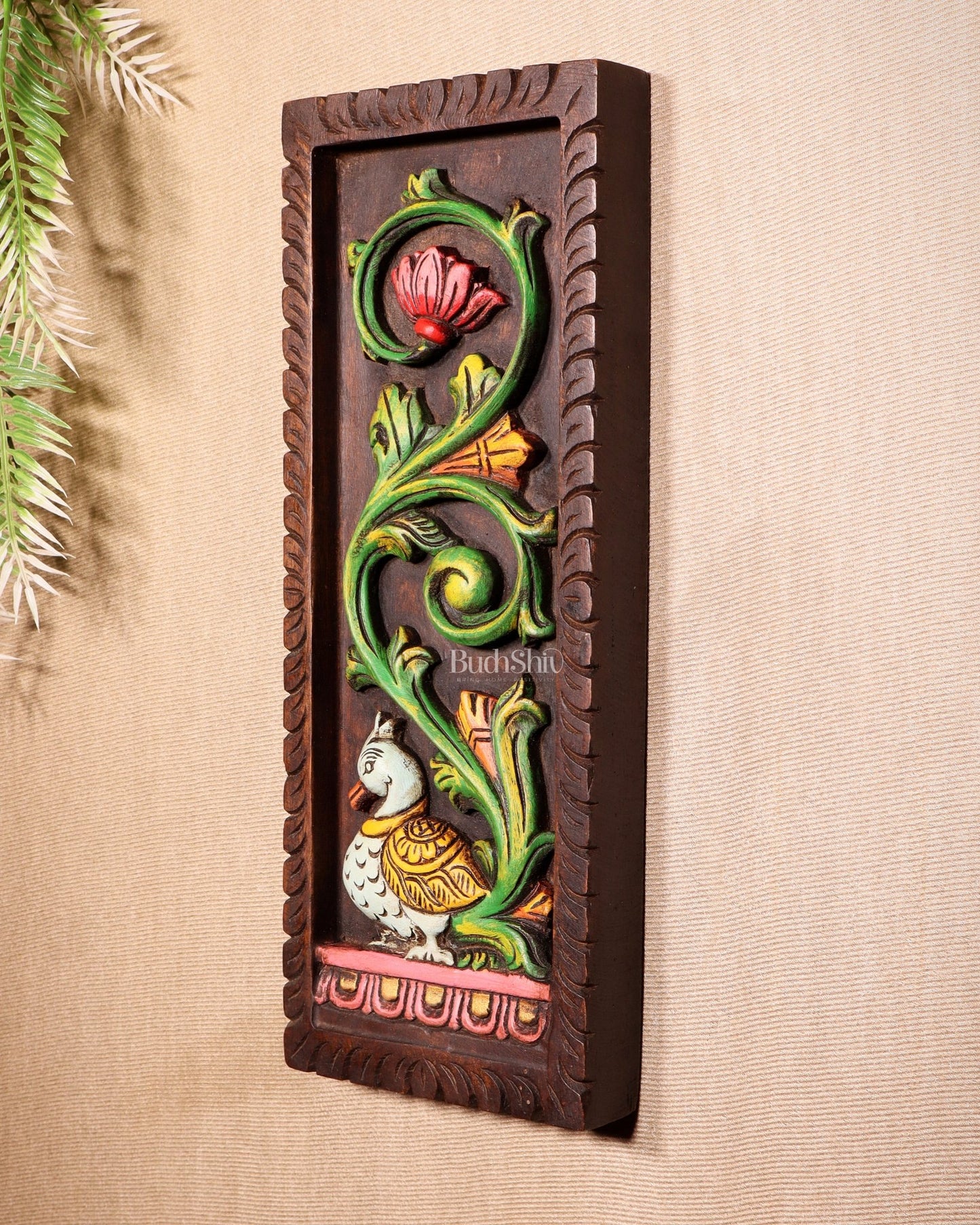 Peacock Handcrafted & Hand - Painted Wooden Wall Hanging Panel 15" - Budhshiv.com