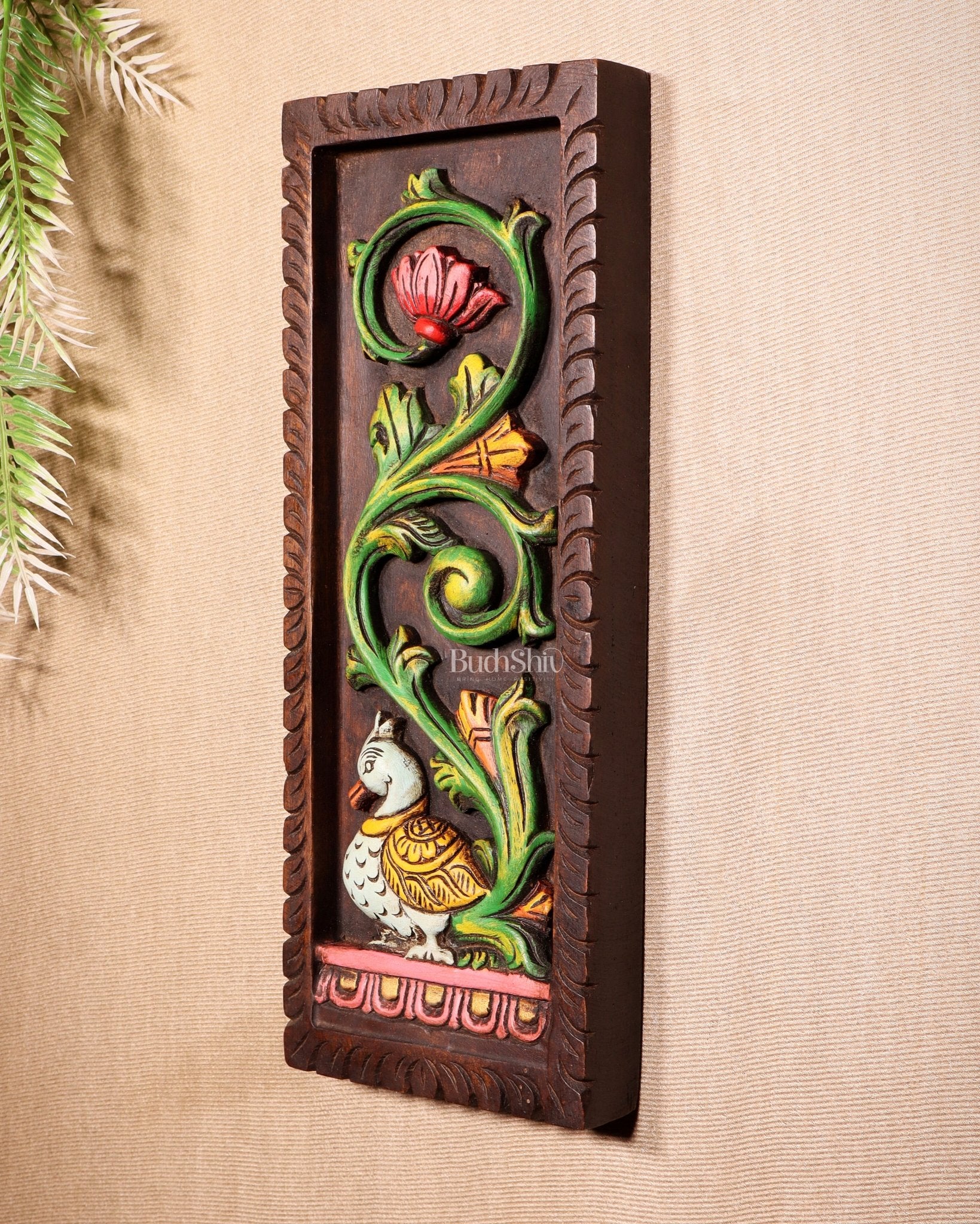 Peacock Handcrafted & Hand - Painted Wooden Wall Hanging Panel 15" - Budhshiv.com